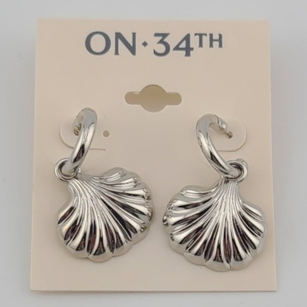 ON-34TH Silver Tone Scallop Shell Hoop Drop Earrings Coastal Nautical New